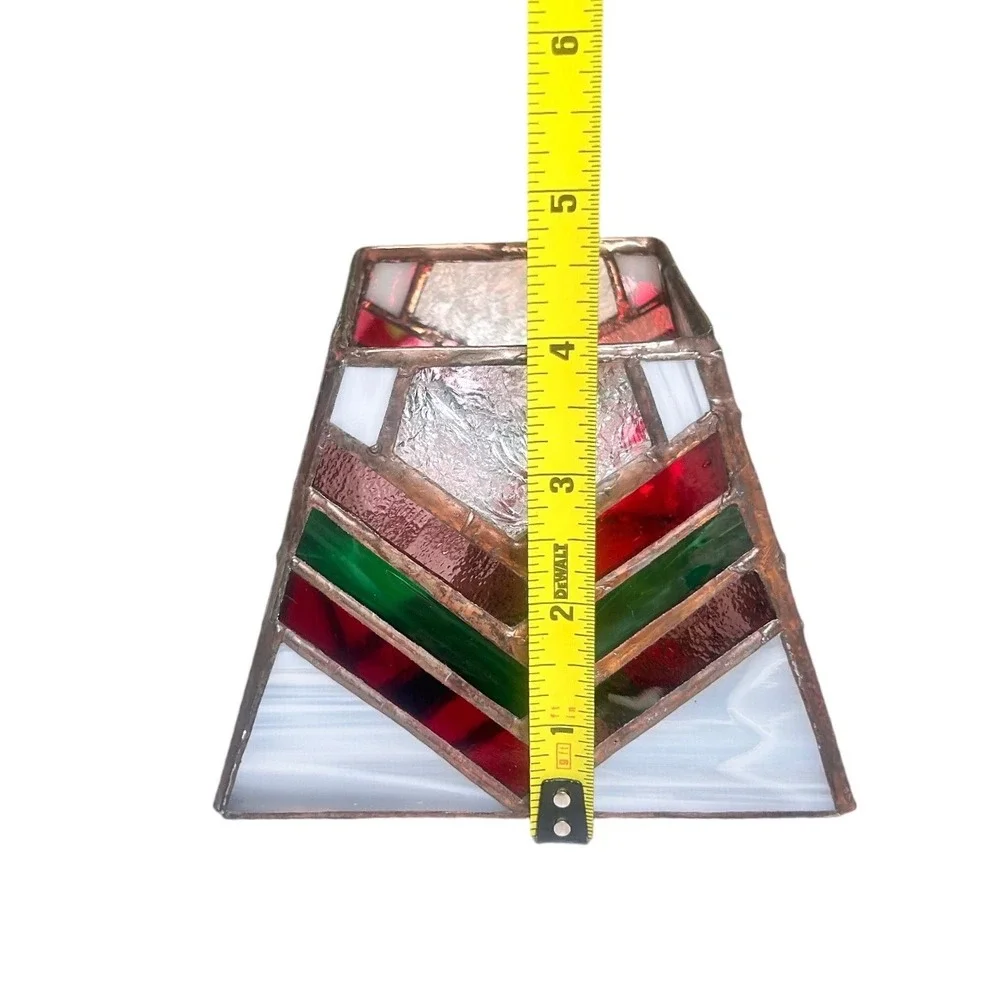 Vintage Stained Glass Tea Light Candle Holder Red Green White Chevron Geometric